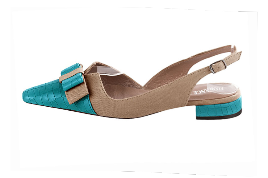 French elegance and refinement for these turquoise blue and tan beige dress slingback shoes, with a knot, 
                available in many subtle leather and colour combinations. The pretty French spirit of this beautiful pump will accompany your steps nicely and comfortably.
To be personalized or not, with your materials and colors.  
                Matching clutches for parties, ceremonies and weddings.   
                You can customize these shoes to perfectly match your tastes or needs, and have a unique model.  
                Choice of leathers, colours, knots and heels. 
                Wide range of materials and shades carefully chosen.  
                Rich collection of flat, low, mid and high heels.  
                Small and large shoe sizes - Florence KOOIJMAN